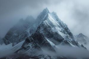 AI generated Snow cloaked mountain stands tall beneath a moody, overcast sky photo