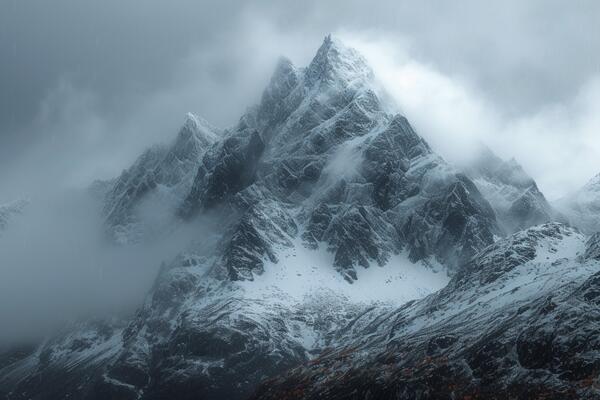 AI generated Snow cloaked mountain stands tall beneath a moody, overcast sky