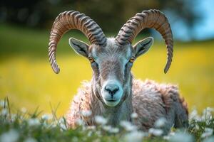 AI generated Graceful gray horned creature in a serene moment on green grass photo