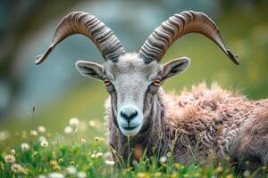 ai generado pacífico escena gris con cuernos animal en vibrante verde césped foto