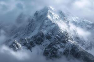 ai generado torre de nieve cubierto picos majestuosamente alcanza para el nublado Cielos foto