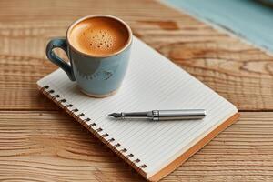 AI generated A tranquil moment espresso, notebook, and pen on display photo