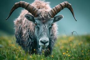 ai generado majestuoso gris con cuernos animal roza pacíficamente en lozano verde césped foto