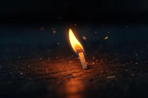 AI generated Wooden surface adorned by a glowing matchstick in close up photography photo