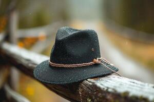 AI generated Classic black hat gracefully placed on a weathered wooden fence photo