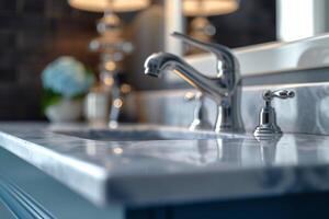 AI generated Contemporary kitchen elegance stainless steel faucet on a spotless counter photo