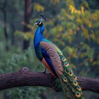 AI generated A majestic peacock poses elegantly on a tree branch For Social Media Post Size photo