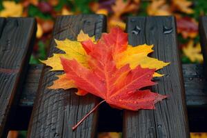 AI generated Rustic elegance captured as a maple leaf graces a wooden bench photo