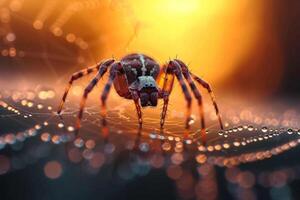 ai generado araña gatea en un rociado web, silueta en contra un puesta de sol foto