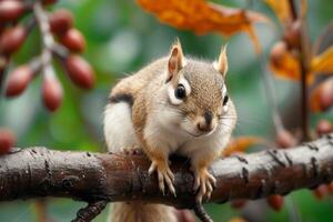 AI generated A charming brown squirrel poses on a tree branch photo