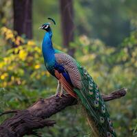 ai generado un majestuoso pavo real poses esmeradamente en un árbol rama para social medios de comunicación enviar Talla foto