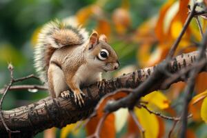 AI generated A charming brown squirrel poses on a tree branch photo