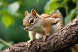 AI generated A charming brown squirrel poses on a tree branch photo