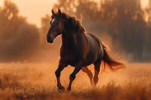 AI generated Stunning rural scene a thoroughbred stallion runs in a meadow at dusk photo