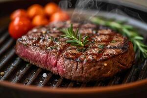 AI generated Juicy and rare grilled steak on a plate, ready to eat photo