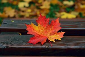 AI generated Maple leaf delicately rests on a warm brown wooden bench photo
