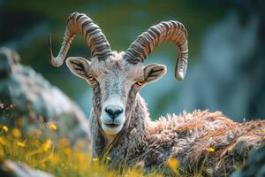 AI generated Peaceful scene gray horned animal on vibrant green grass photo