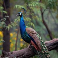 AI generated Peacock perched gracefully on a tree branch in a natural setting For Social Media Post Size photo