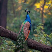 AI generated Peacock perched gracefully on a tree branch in a natural setting For Social Media Post Size photo