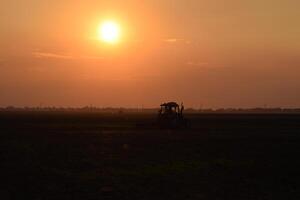 Tractor plowing plow the field on a background sunset. tractor silhouette on sunset background photo