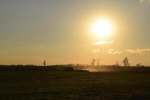Tractor at sunset plow plow a field. Tilling the soil in the fall after harvest. The end of the season photo
