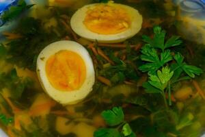 Soup with boiled egg and parsley photo