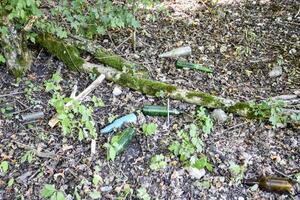 vacío botellas arrojado en el bosque. basura izquierda en naturaleza. foto