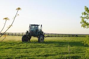 Tractor on the sunset background. Tractor with high wheels is making fertilizer on young wheat. The use of finely dispersed spray chemicals photo