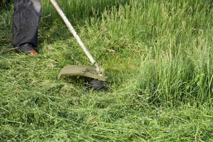 Application trimmers. Mowing green grass using a fishing line trimmer photo