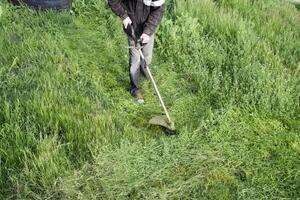 solicitud recortadoras. siega verde césped utilizando un pescar línea recortadora foto