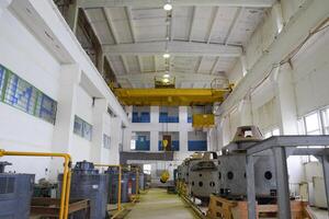 Engines of water pumps at a water pumping station. Pumping irrig photo