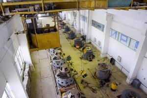 Engines of water pumps at a water pumping station. Pumping irrig photo