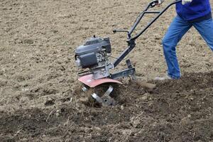 plantando patatas debajo el con operador a pie tractor foto