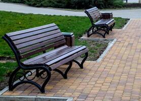 Benches in the park. Sidewalk tile in the park. Infrastructure of leisure in the park photo