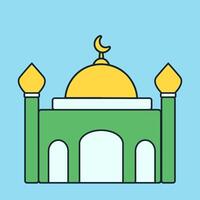 Two Tower Yellow and Green Mosque or masjid with Crescent Moon on Top. Vector Illustration Icon.