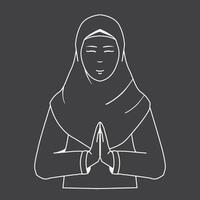 asiático musulmán o musulmán mujer vistiendo hijab con saludo mano actitud gesto. vector icono en negro y blanco o escala de grises color antecedentes.