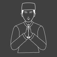 Muslim man welcome pose in black and white or grayscale color background. Outline people cartoon illustration of vector icon.