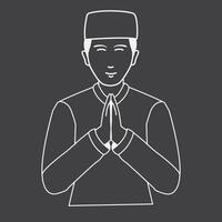 Muslim man welcome pose in black and white or grayscale color background. Outline people cartoon illustration of vector icon.