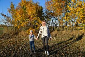 madre y hijo son jugando en el otoño bosque foto