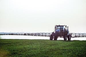 tractor con el ayuda de un rociador aerosoles líquido fertilizantes en joven trigo en el campo. foto