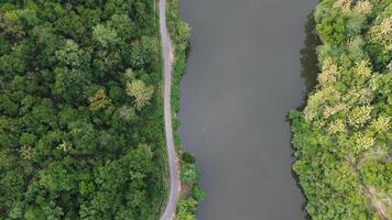 aéreo ver de la carretera en el medio de el bosque y lago foto