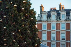 London's Festive Christmas Tree Adorned with Shiny Golden Baubles, UK photo