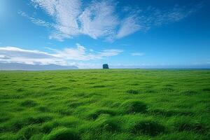 ai generado tranquilo escena verde césped campo estiramientos debajo un claro azul cielo foto