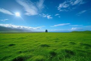 ai generado tranquilo escena verde césped campo estiramientos debajo un claro azul cielo foto