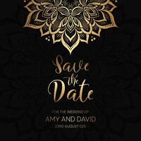 save the date invitation with a black and gold mandala design vector