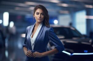 AI generated a beautiful woman is standing in an auto showroom photo