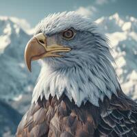 AI generated a bald eagle in front of snowy mountains. photo