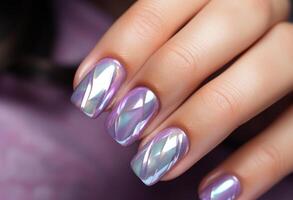 AI generated a beautiful woman's nails with silver shiny nail polish. photo
