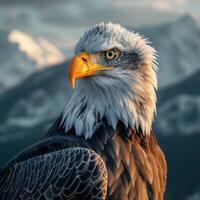 AI generated a bald eagle in front of snowy mountains. photo