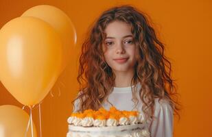 ai generado un niña es participación un cumpleaños pastel y globos, en el estilo de púrpura y naranja. foto